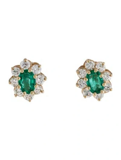 Pre-owned Earrings 14k Emerald & Diamond Stud  In Multi