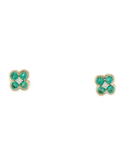 Pre-owned Earrings 14k Emerald & Diamond Stud  In Multi