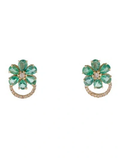 Pre-owned Earrings 14k Emerald & Diamond Stud  In Multi