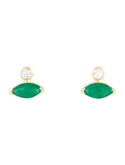 Pre-owned Earrings 14k Emerald & Diamond Stud  In Multi