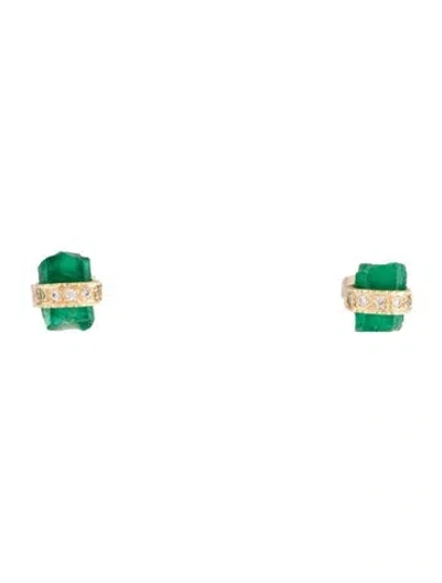 Pre-owned Earrings 14k Emerald & Diamond Stud  In Multi
