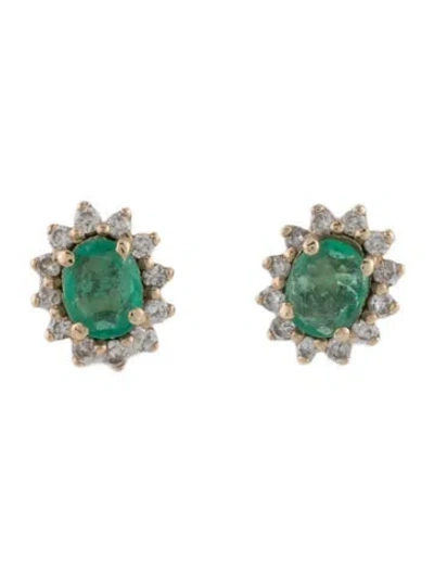 Pre-owned Earrings 14k Emerald & Diamond Stud  In Multi