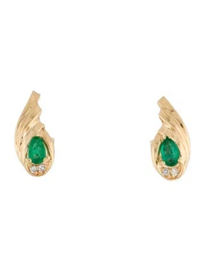 Pre-owned Earrings 14k Emerald & Diamond Studs In Multi