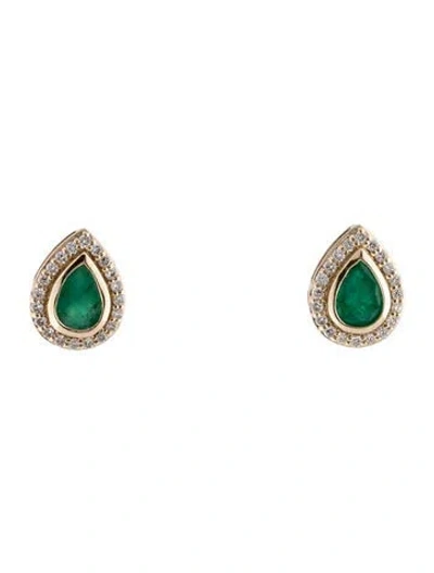 Pre-owned Earrings 14k Emerald & Diamond Teardrop Stud  In Multi