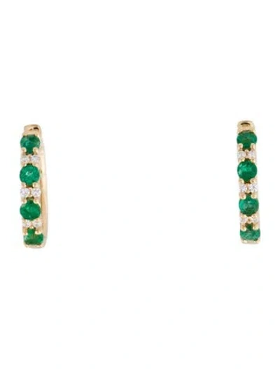 Pre-owned Earrings 14k Emerald & Lab-grown Diamond Huggie  In Multi