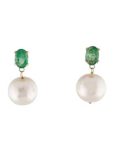 Pre-owned Earrings 14k Emerald & Pearl Drop  In Multi