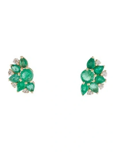 Pre-owned Earrings 14k Emerald & Sapphire Half Flower  In Multi