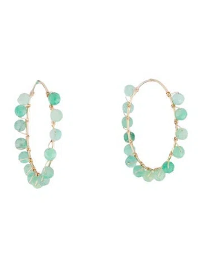 Pre-owned Earrings 14k Emerald Bead Studded Hoop  In Multi