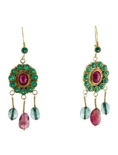 Pre-owned Earrings 14k Emerald, Ruby, Beryl & Tourmaline Chandelier  In Multi