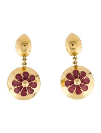 Pre-owned Earrings 14k Enamel Flower Drop  In Red