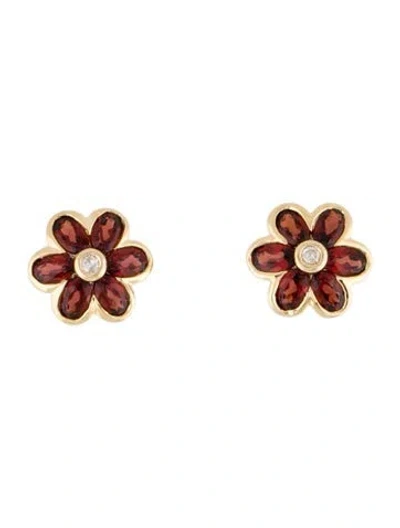 Pre-owned Earrings 14k Garnet & Diamond Flower Stud  In Multi