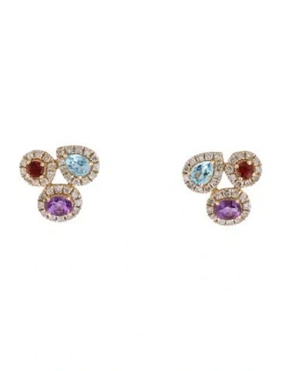 Pre-owned Earrings 14k Garnet , Topaz, Amethyst & Diamond Cluster Stud  In Multi
