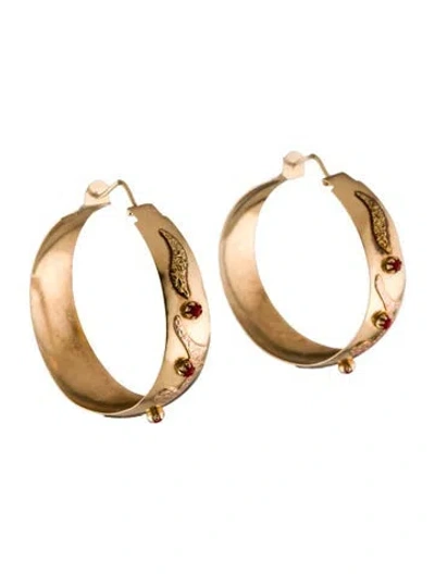 Pre-owned Earrings 14k Glass Accent Hoop  In Red