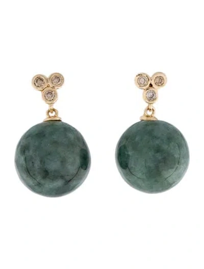 Pre-owned Earrings 14k Jadeite & Diamond Drop  In Multi