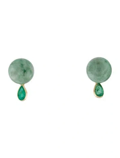 Pre-owned Earrings 14k Jadeite & Emerald Stud  In Multi