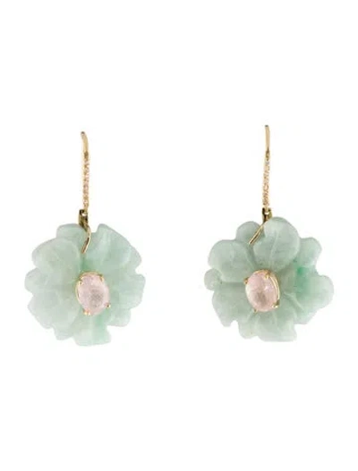 Pre-owned Earrings 14k Jadeite, Morganite And Diamond Drop  In Multi