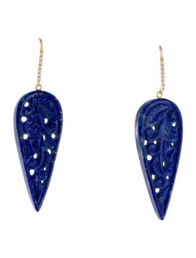Pre-owned Earrings 14k Lapis Lazuli & Diamond Drop  In Multi