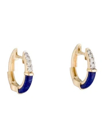 Pre-owned Earrings 14k Lapis Lazuli & Diamond Huggie Hoop  In Multi