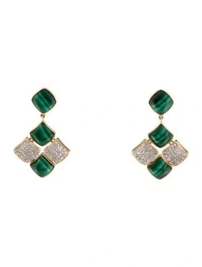 Pre-owned Earrings 14k Malachite & Diamond Drop  In Multi