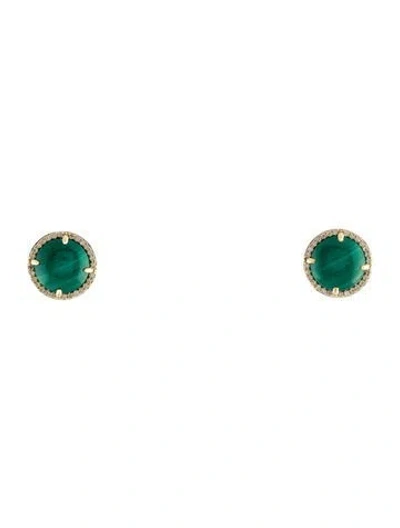 Pre-owned Earrings 14k Malachite & Diamond Stud  In Multi