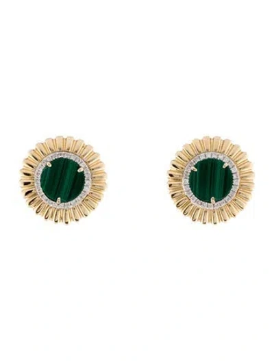 Pre-owned Earrings 14k Malachite & Diamond Stud  In Multi