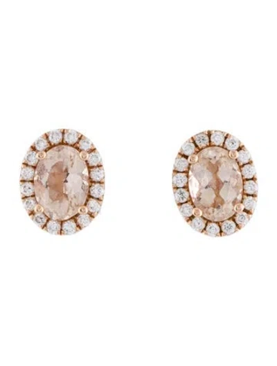 Pre-owned Earrings 14k Morganite & Diamond Halo Studs In Multi