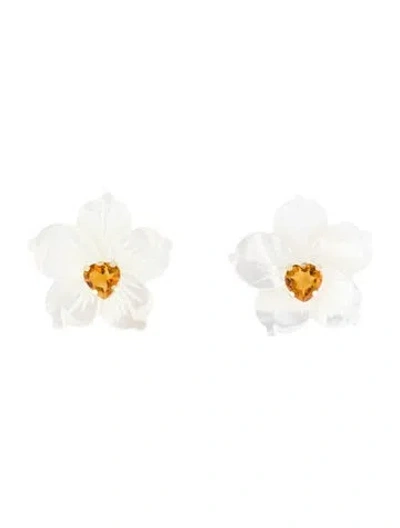 Pre-owned Earrings 14k Mother Of Pearl & Citrine Convertible Flower Jacket Stud  In Multi