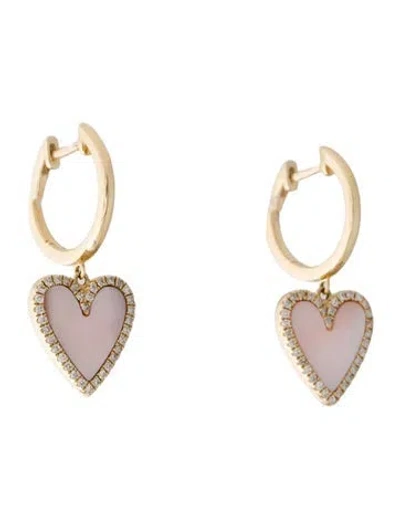 Pre-owned Earrings 14k Mother Of Pearl & Diamond Heart Drop  In White