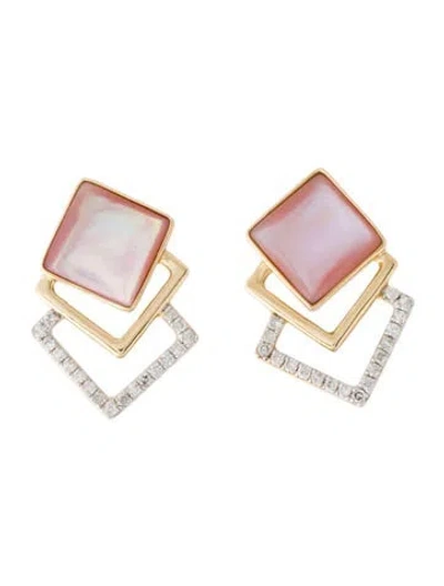 Pre-owned Earrings 14k Mother Of Pearl & Diamond Triple Square Stud  In Multi