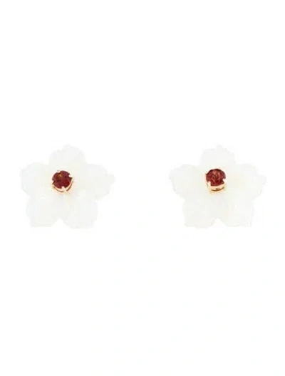 Pre-owned Earrings 14k Mother Of Pearl & Garnet Flower Stud  In Multi