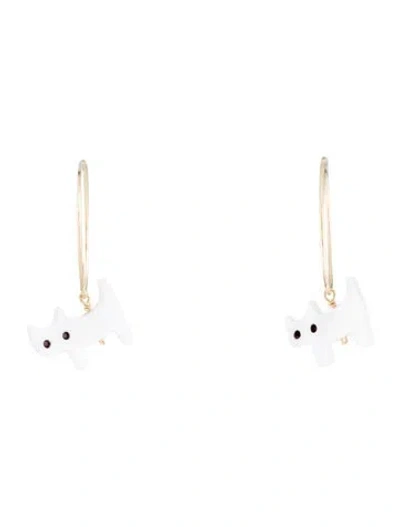 Pre-owned Earrings 14k Mother Of Pearl Cat Drop Hoop  In Multi