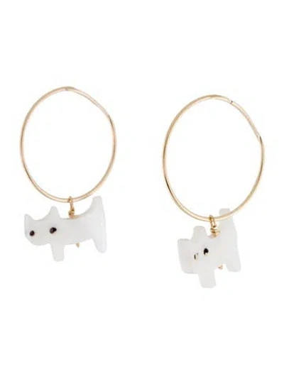 Pre-owned Earrings 14k Mother Of Pearl Cat Hoop Drop  In Multi