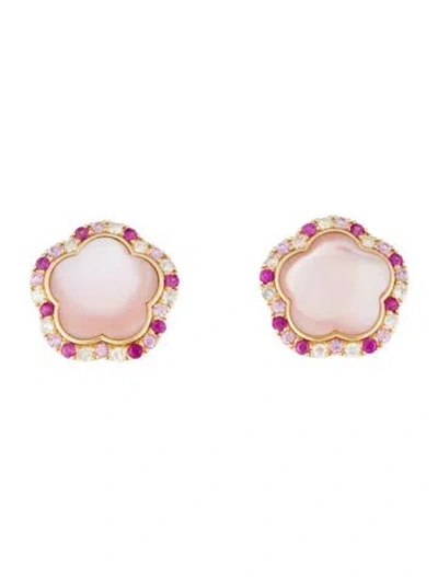 Pre-owned Earrings 14k Mother Of Pearl, Sapphire & Diamond Flower  In Multi