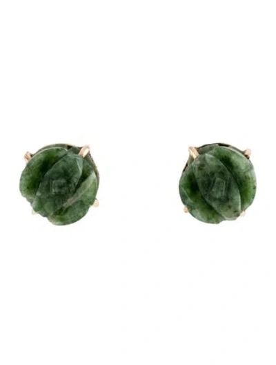 Pre-owned Earrings 14k Nephrite Carved Rose Stud  In Multi