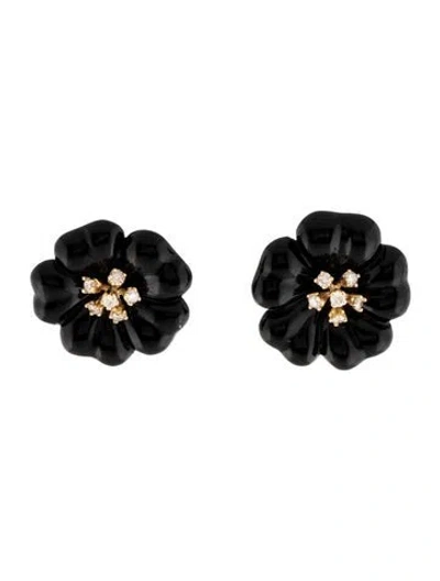 Pre-owned Earrings 14k Onyx & Diamond Flower Stud  In Multi