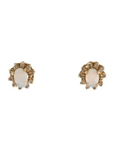 Pre-owned Earrings 14k Opal & Diamond Stud  In Multi