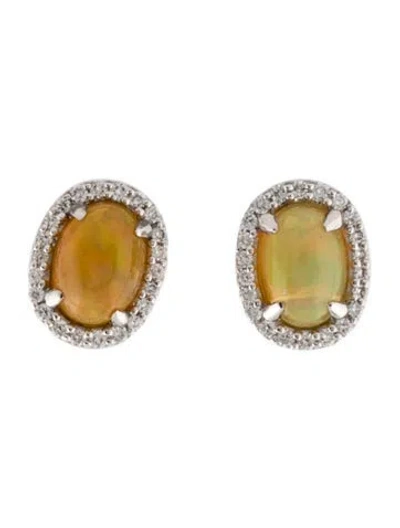 Pre-owned Earrings 14k Opal & Diamond Stud  In Multi