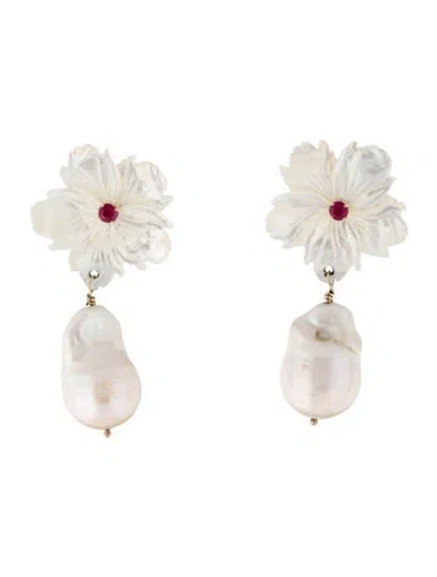 Pre-owned Earrings 14k Peal, Mother Of Pearl & Ruby Convertible Drop  In Multi