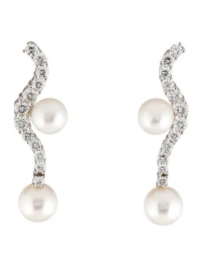 Pre-owned Earrings 14k Pearl & 1.26ctw Diamond Drop  In Multi
