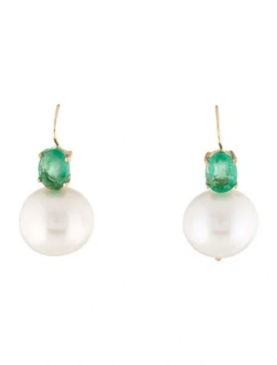 Pre-owned Earrings 14k Pearl & 1.39ctw Emerald Drop  In Multi