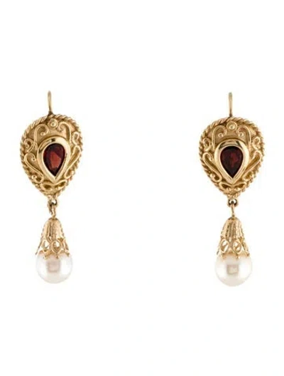 Pre-owned Earrings 14k Pearl &1.52ct Garnet Drop  In Multi