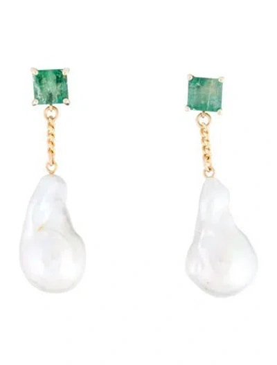 Pre-owned Earrings 14k Pearl & 2.02ctw Emerald Drop  In Multi