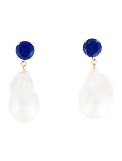 Pre-owned Earrings 14k Pearl & 3.42ctw Lapis Drop  In Multi