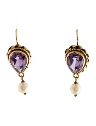 Pre-owned Earrings 14k Pearl & 3.78ctw Amethyst Drop  In Multi