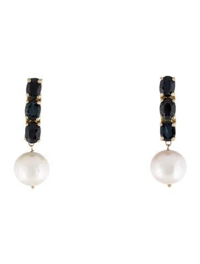 Pre-owned Earrings 14k Pearl & 5.45ctw Sapphire Drop  In Multi