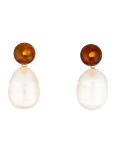 Pre-owned Earrings 14k Pearl & Amber Drop  In Multi