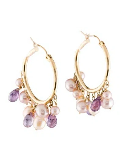 Pre-owned Earrings 14k Pearl & Amethyst Bead Hoop  In Multi