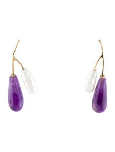 Pre-owned Earrings 14k Pearl & Amethyst Drop  In Multi
