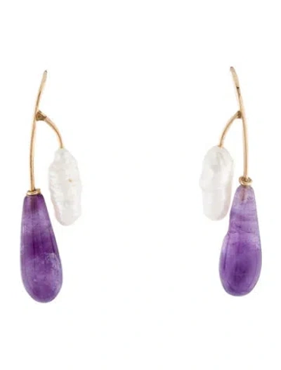 Pre-owned Earrings 14k Pearl & Amethyst Drop  In Multi