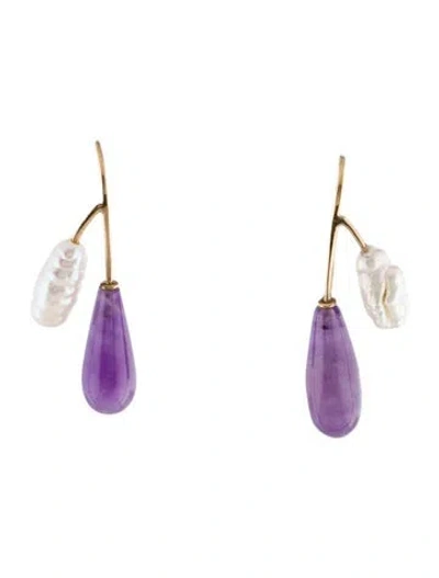 Pre-owned Earrings 14k Pearl & Amethyst Drop  In Multi